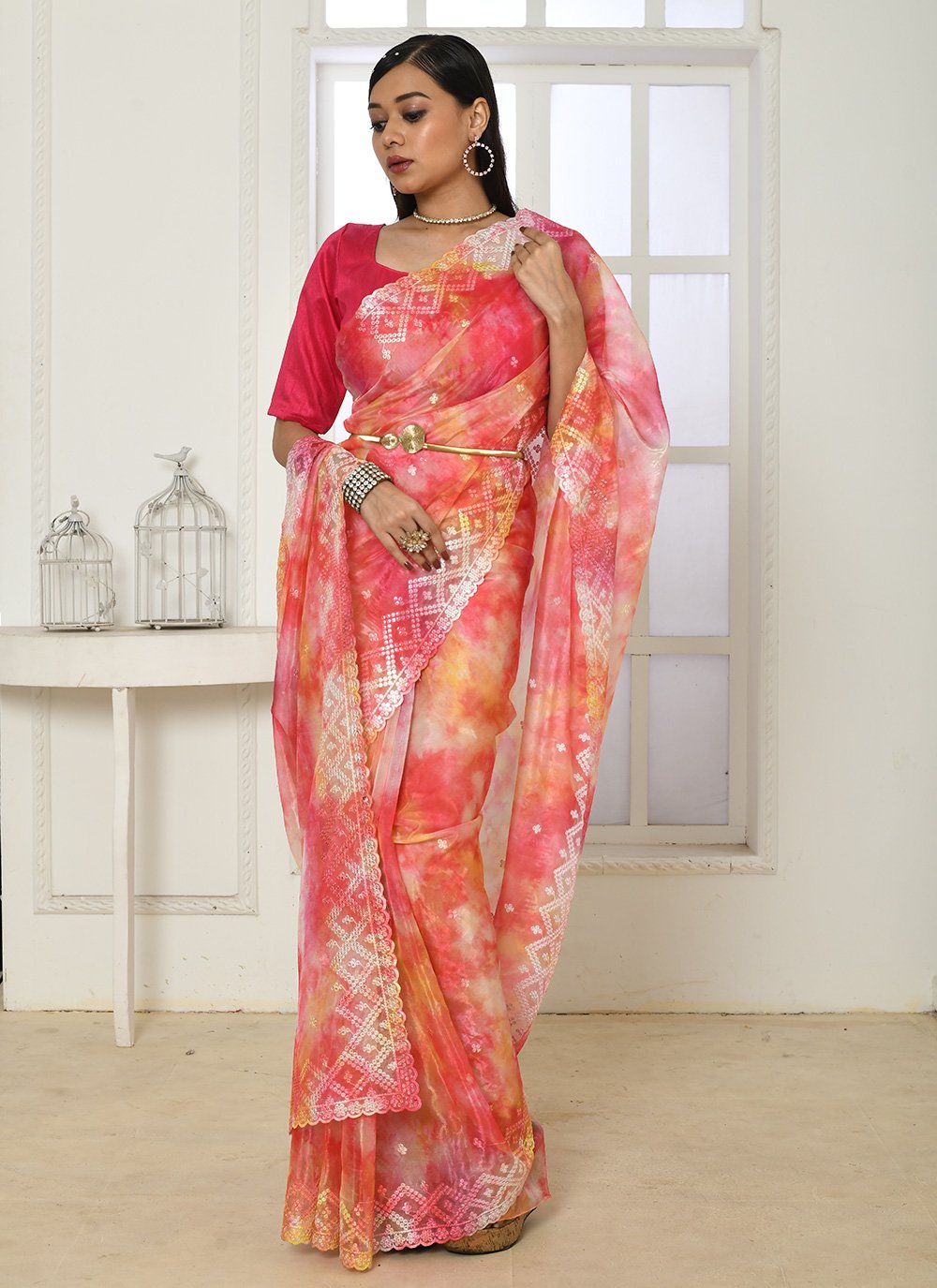 Contemporary Organza Silk Orange Embroidered Saree