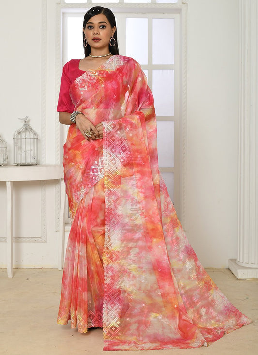 Contemporary Organza Silk Orange Embroidered Saree