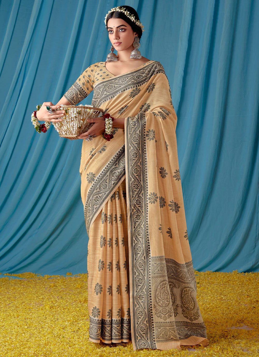 Classic Linen Orange Lucknowi Work Saree