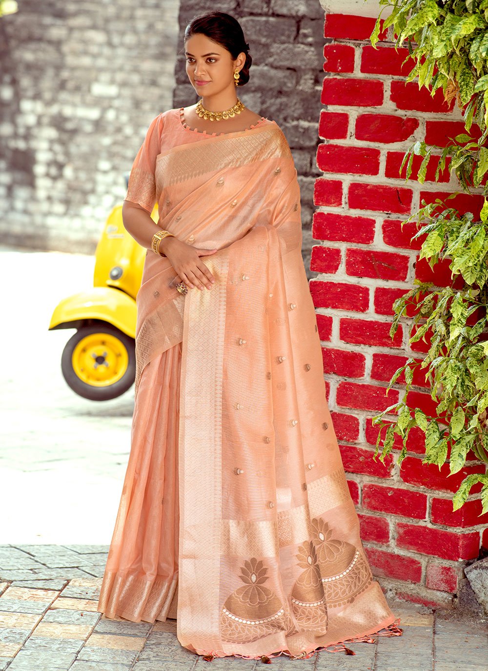 Traditional Saree Linen Tissue Orange Woven Saree