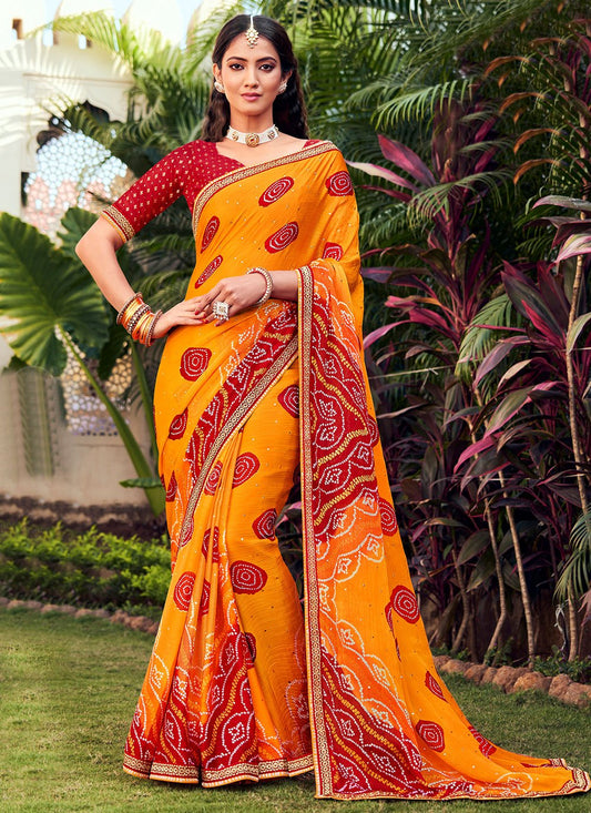 Classic Chiffon Orange Bandhej Saree