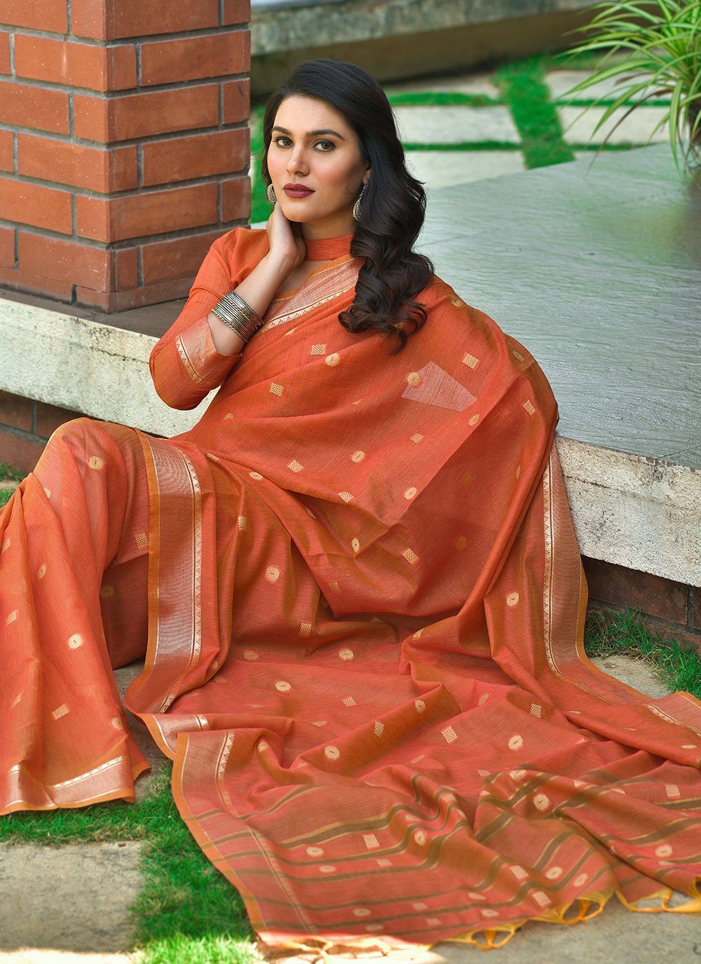 Contemporary Cotton Orange Weaving Saree