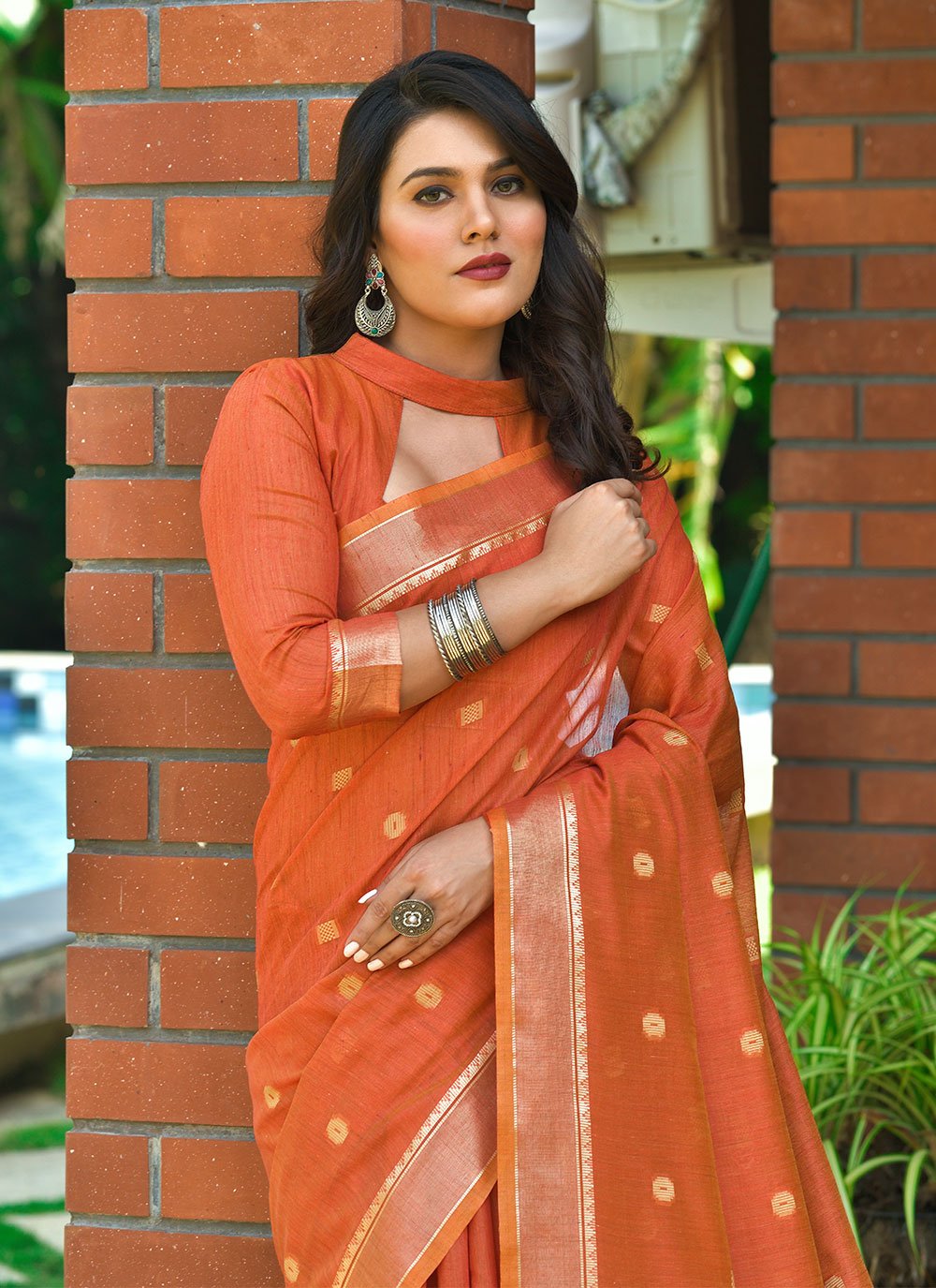 Contemporary Cotton Orange Weaving Saree