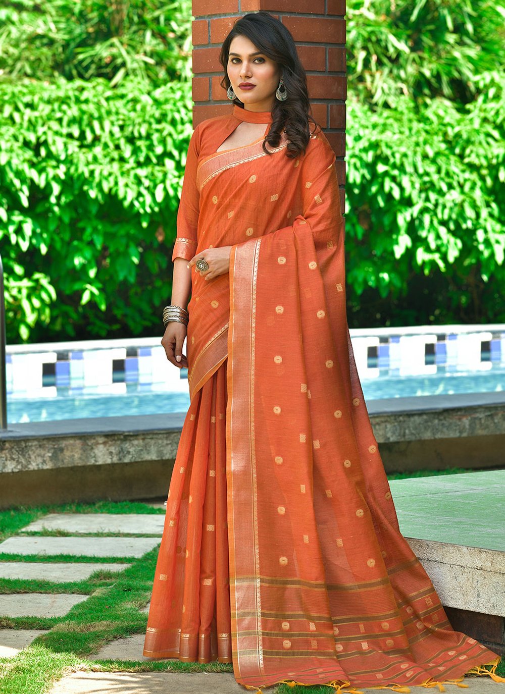 Contemporary Cotton Orange Weaving Saree