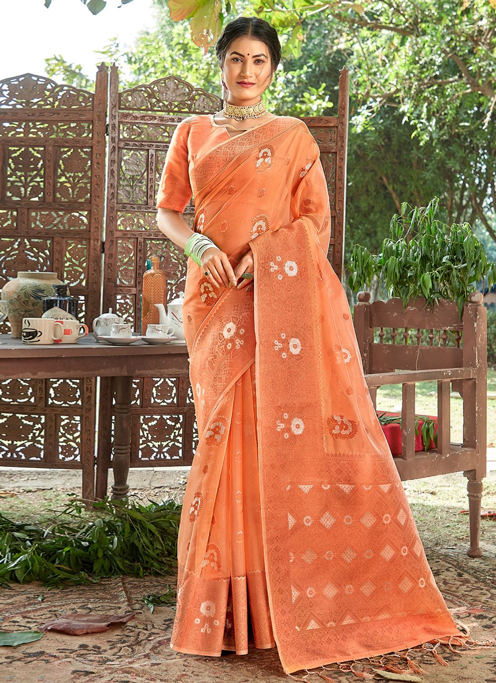 Traditional Saree Organza Orange Embroidered Saree