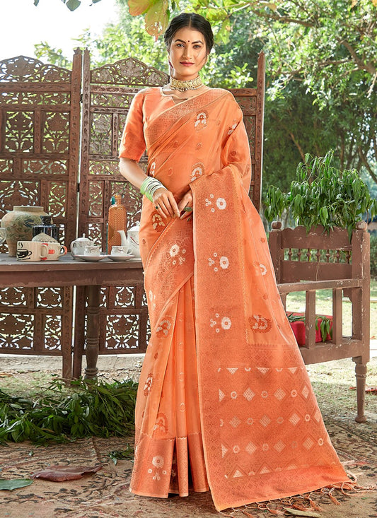 Traditional Saree Organza Orange Embroidered Saree