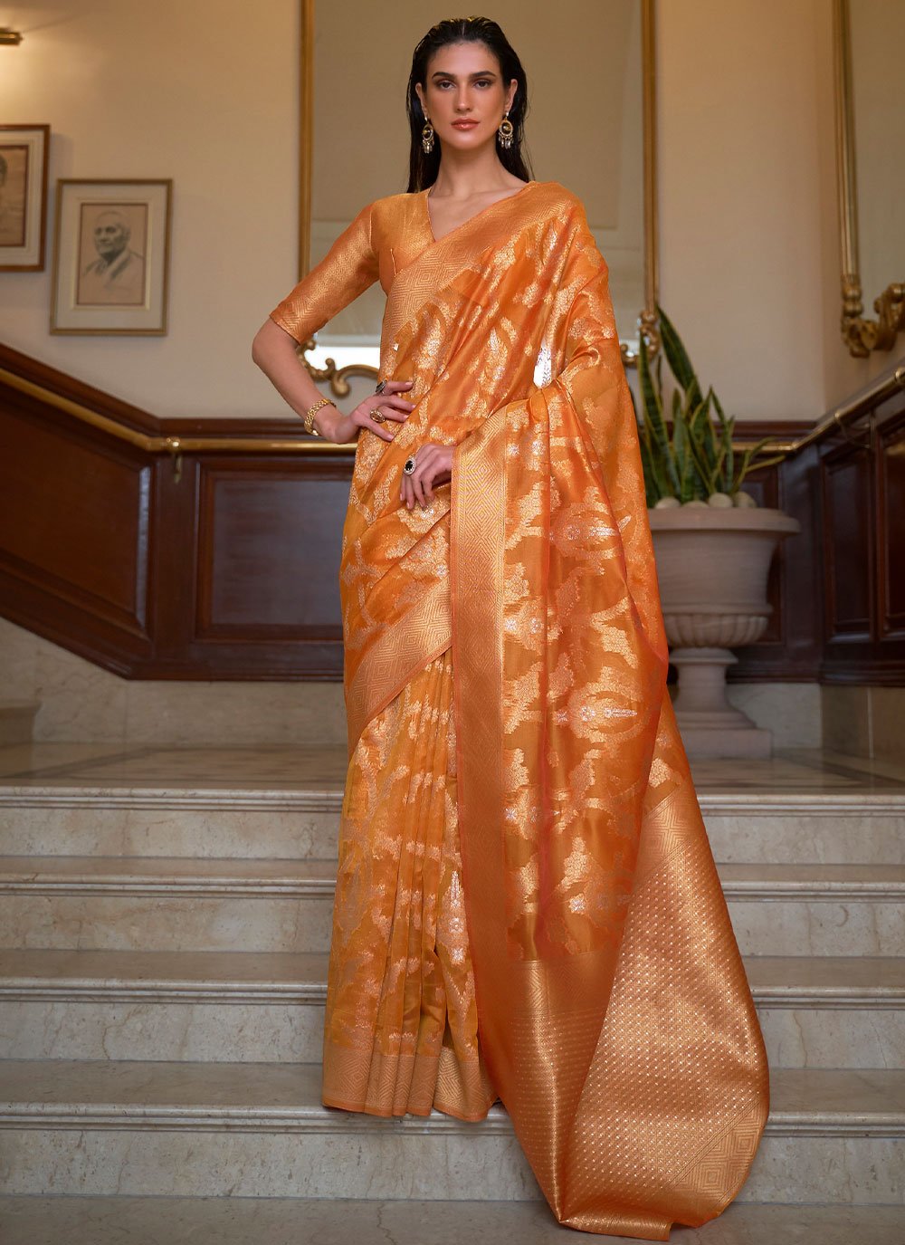 Classic Organza Orange Weaving Saree