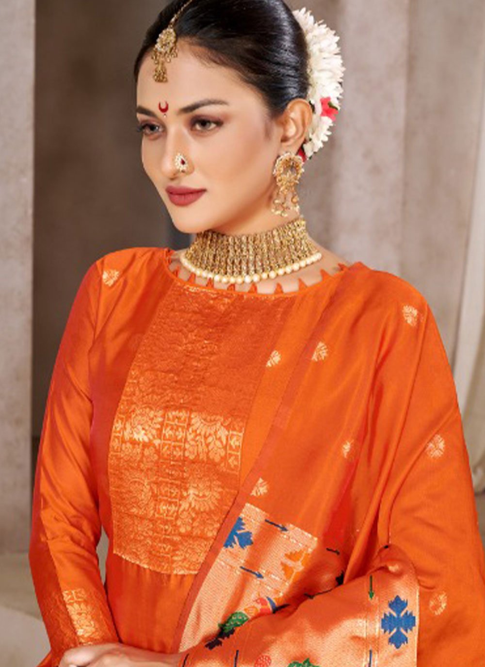 Pant Style Suit Tafeta Silk Orange Jacquard Work Salwar Kameez