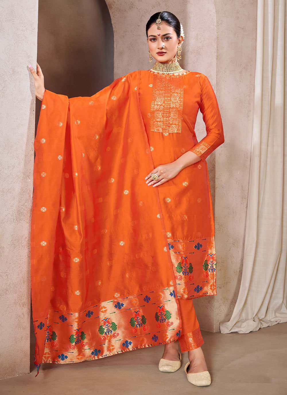 Pant Style Suit Tafeta Silk Orange Jacquard Work Salwar Kameez