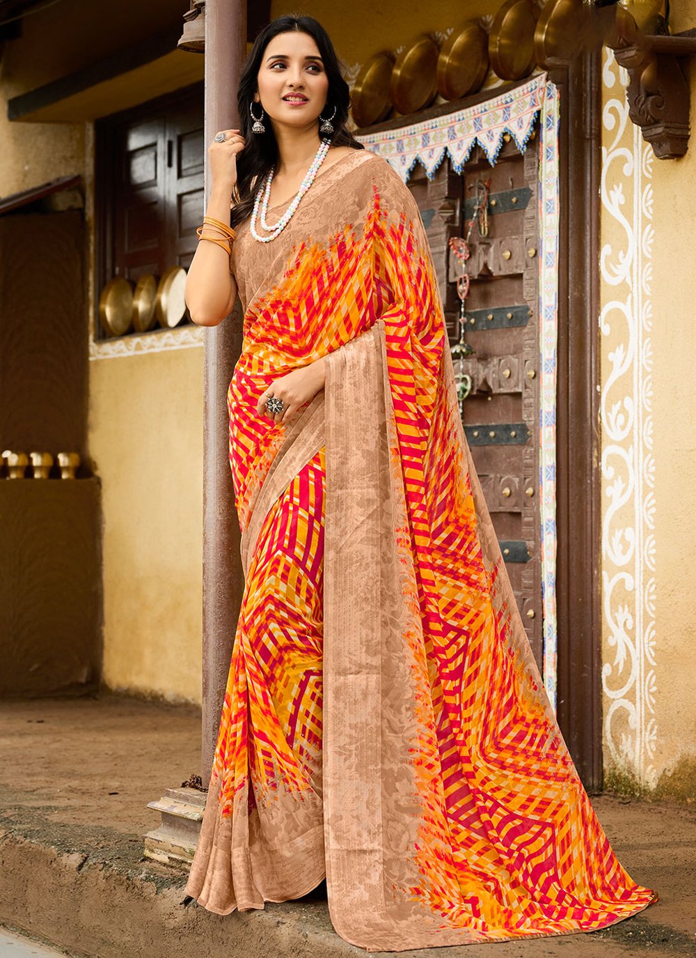 Classic Georgette Orange Patch Border Saree