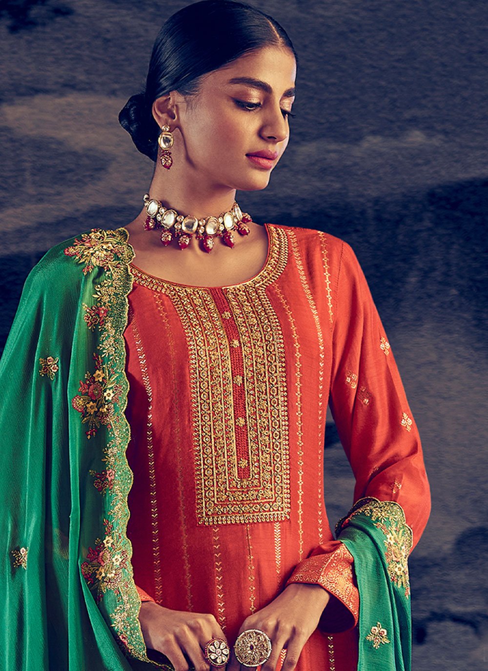 Straight Salwar Suit Pure Silk Orange Embroidered Salwar Kameez