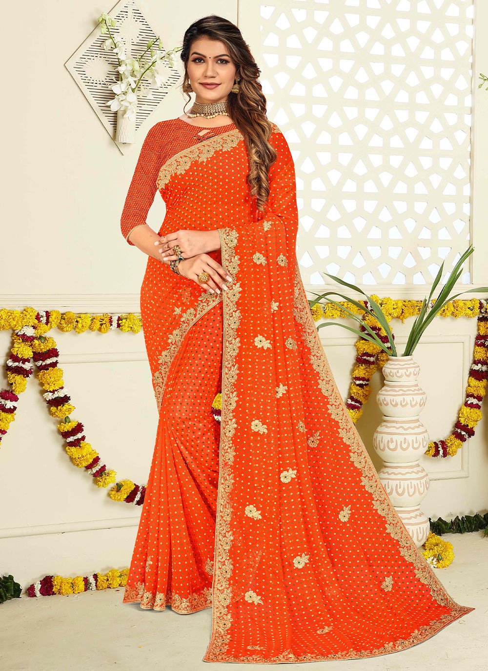 Contemporary Georgette Orange Patch Border Saree