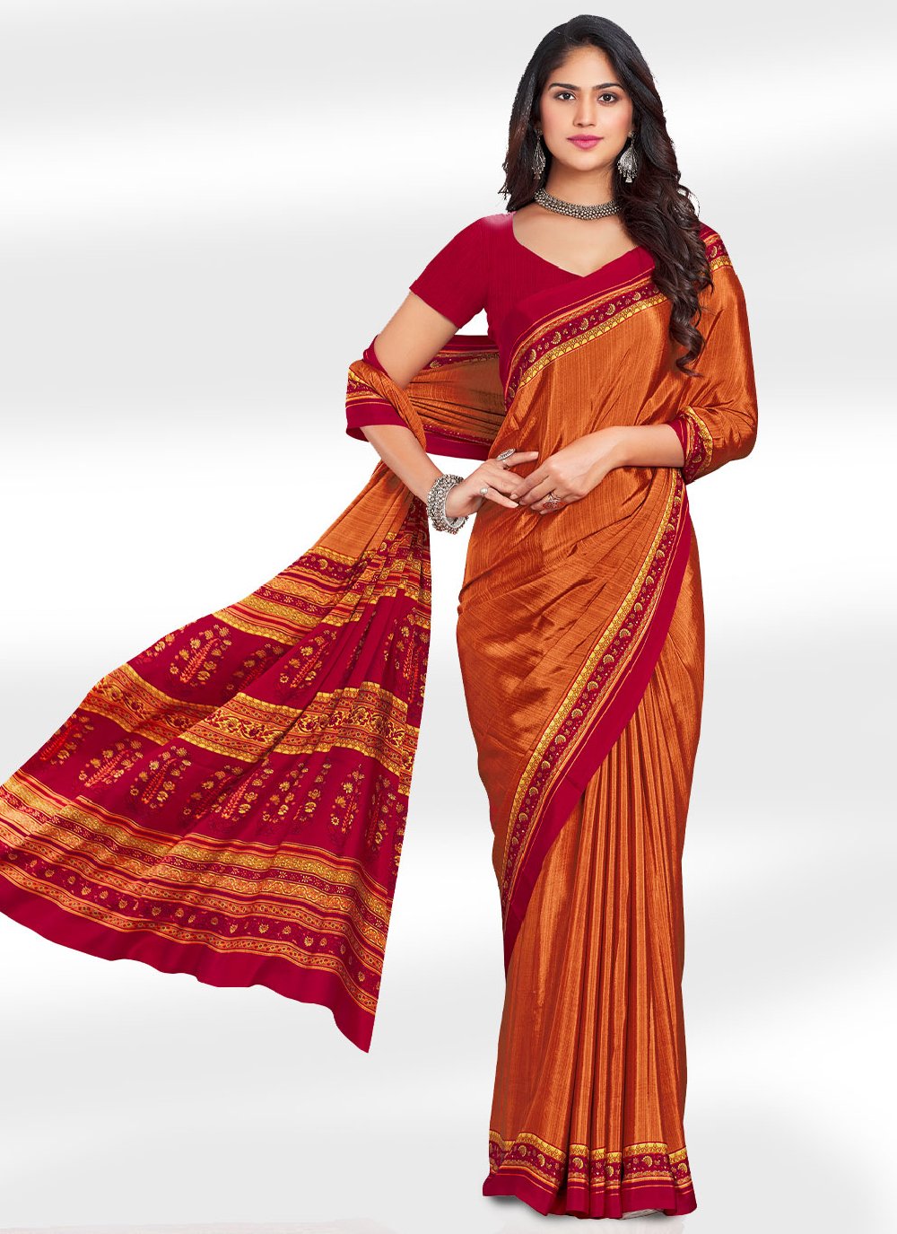 Classic Faux Crepe Orange Print Saree