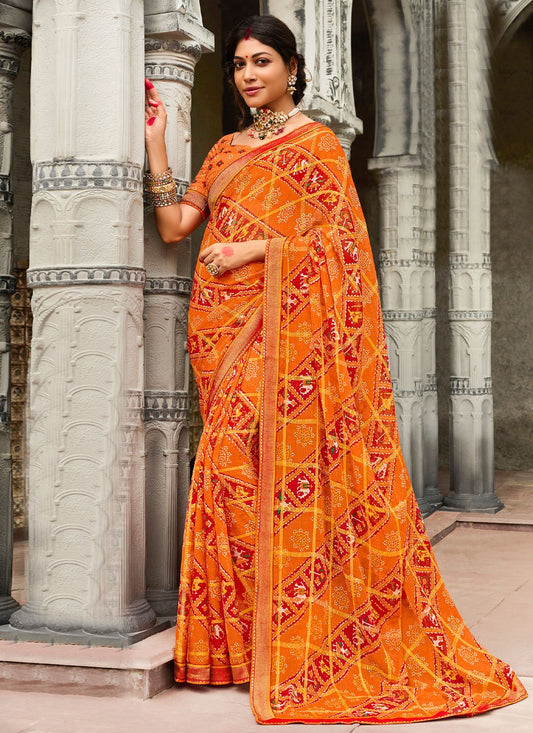 Trendy Saree Faux Chiffon Orange Print Saree