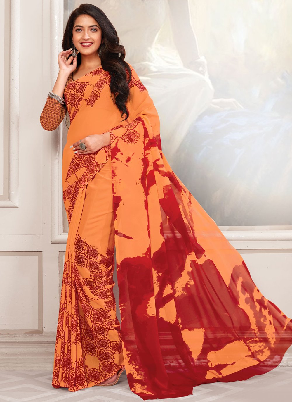 Classic Georgette Orange Print Saree