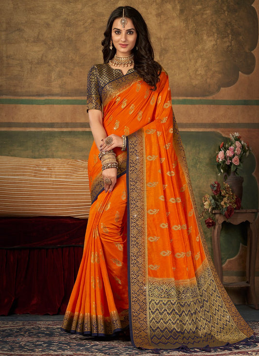 Contemporary Pure Dola Silk Orange Swarovski Saree