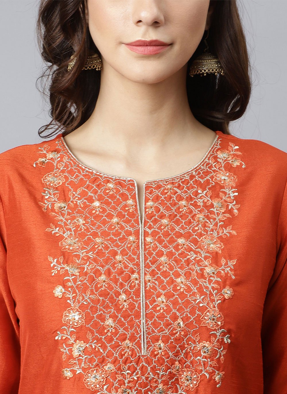 Readymade Style Poly Silk Orange Embroidered Salwar Kameez