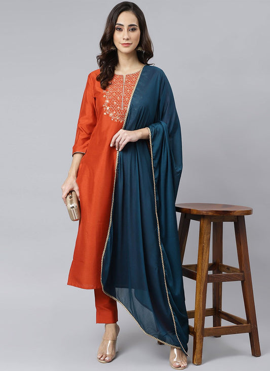 Readymade Style Poly Silk Orange Embroidered Salwar Kameez