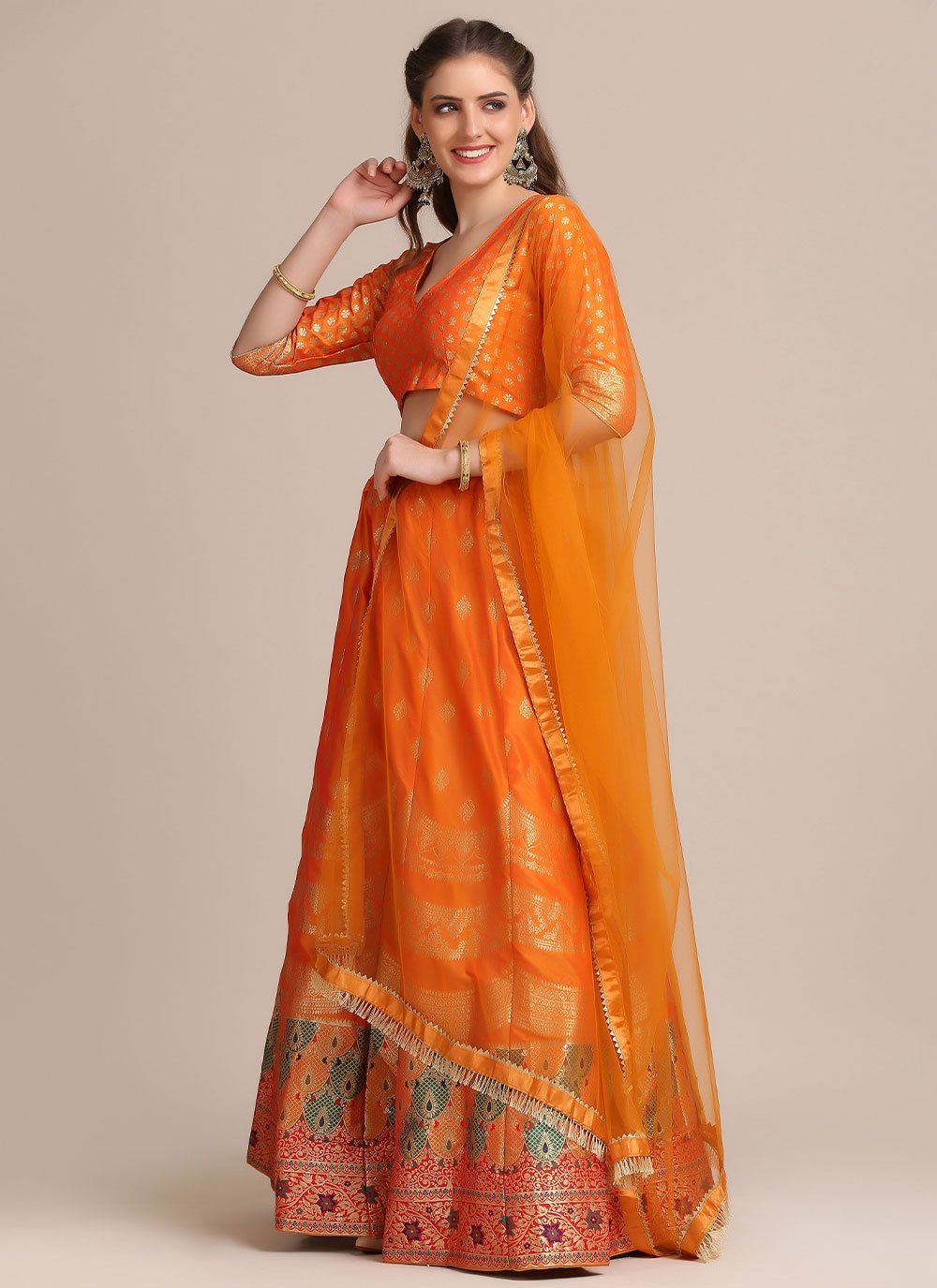 A Line Lehenga Jacquard Silk Orange Woven Lehenga Choli