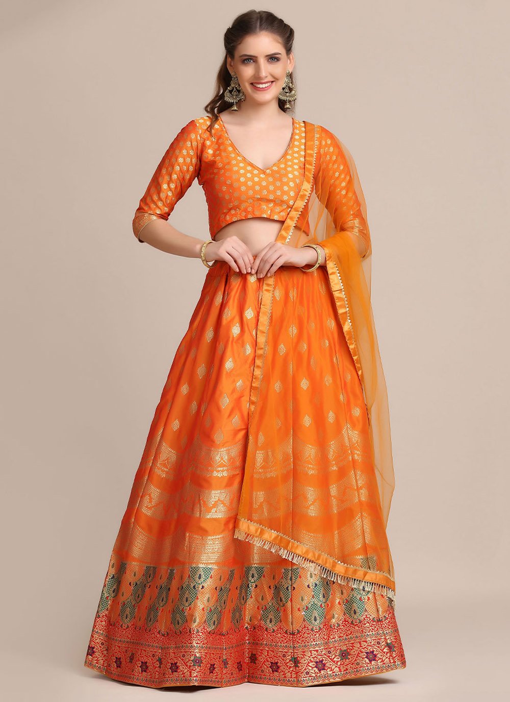 A Line Lehenga Jacquard Silk Orange Woven Lehenga Choli