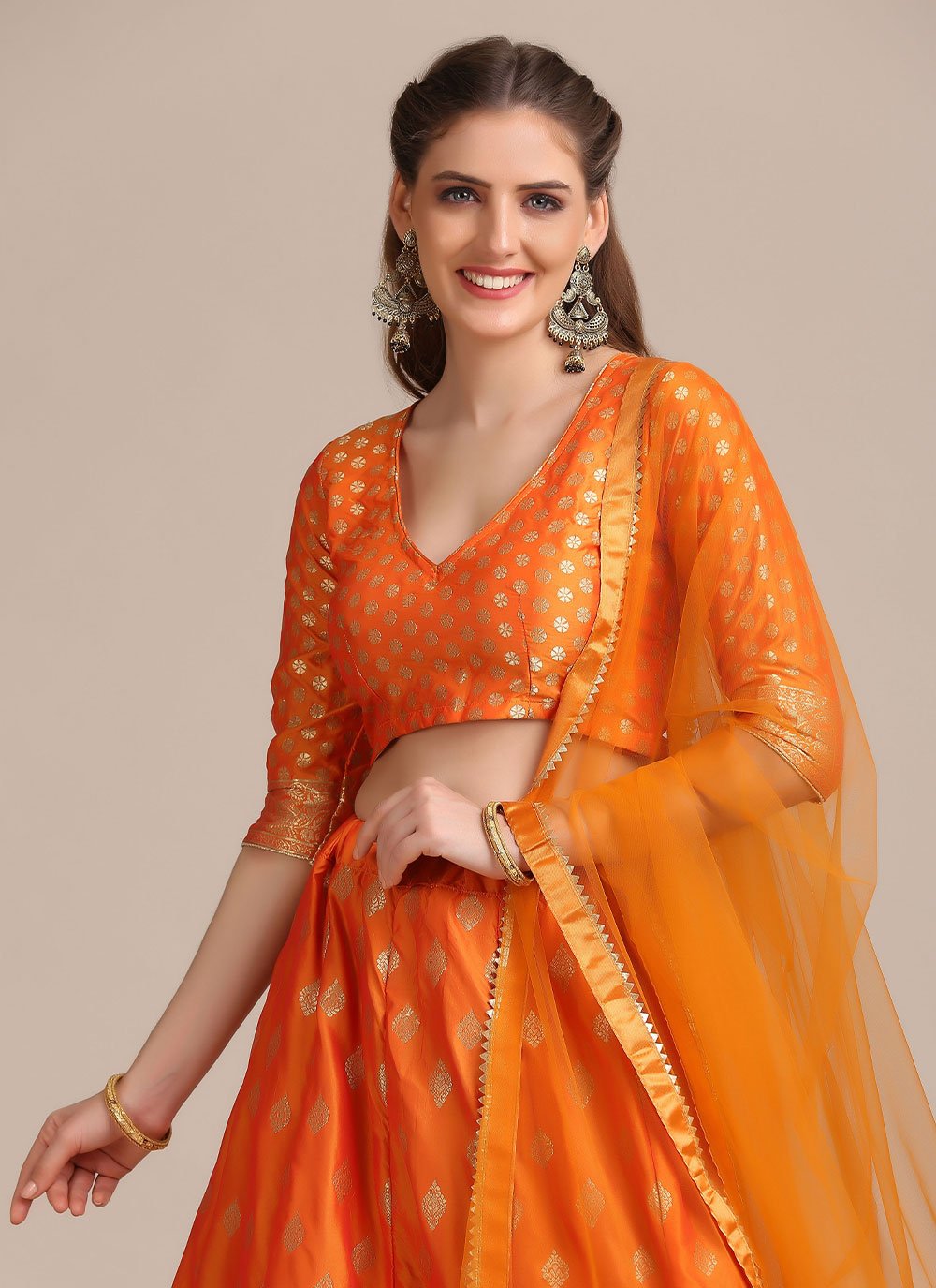 A Line Lehenga Jacquard Silk Orange Woven Lehenga Choli