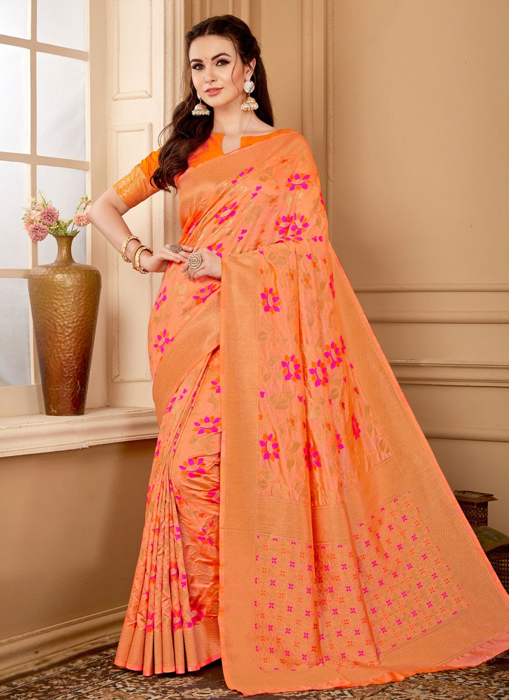 Classic Raw Silk Orange Weaving Saree