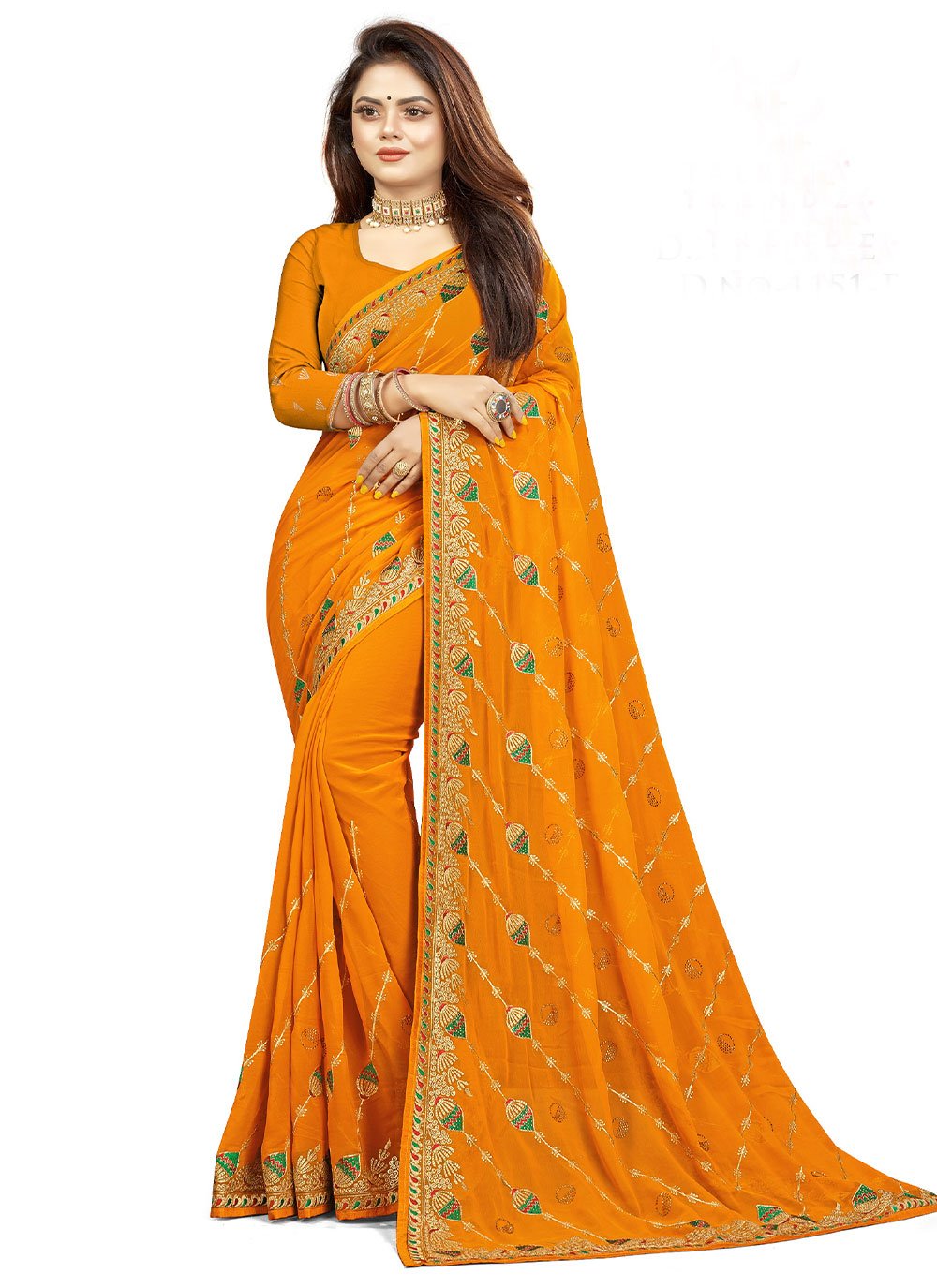 Classic Fancy Fabric Orange Embroidered Saree