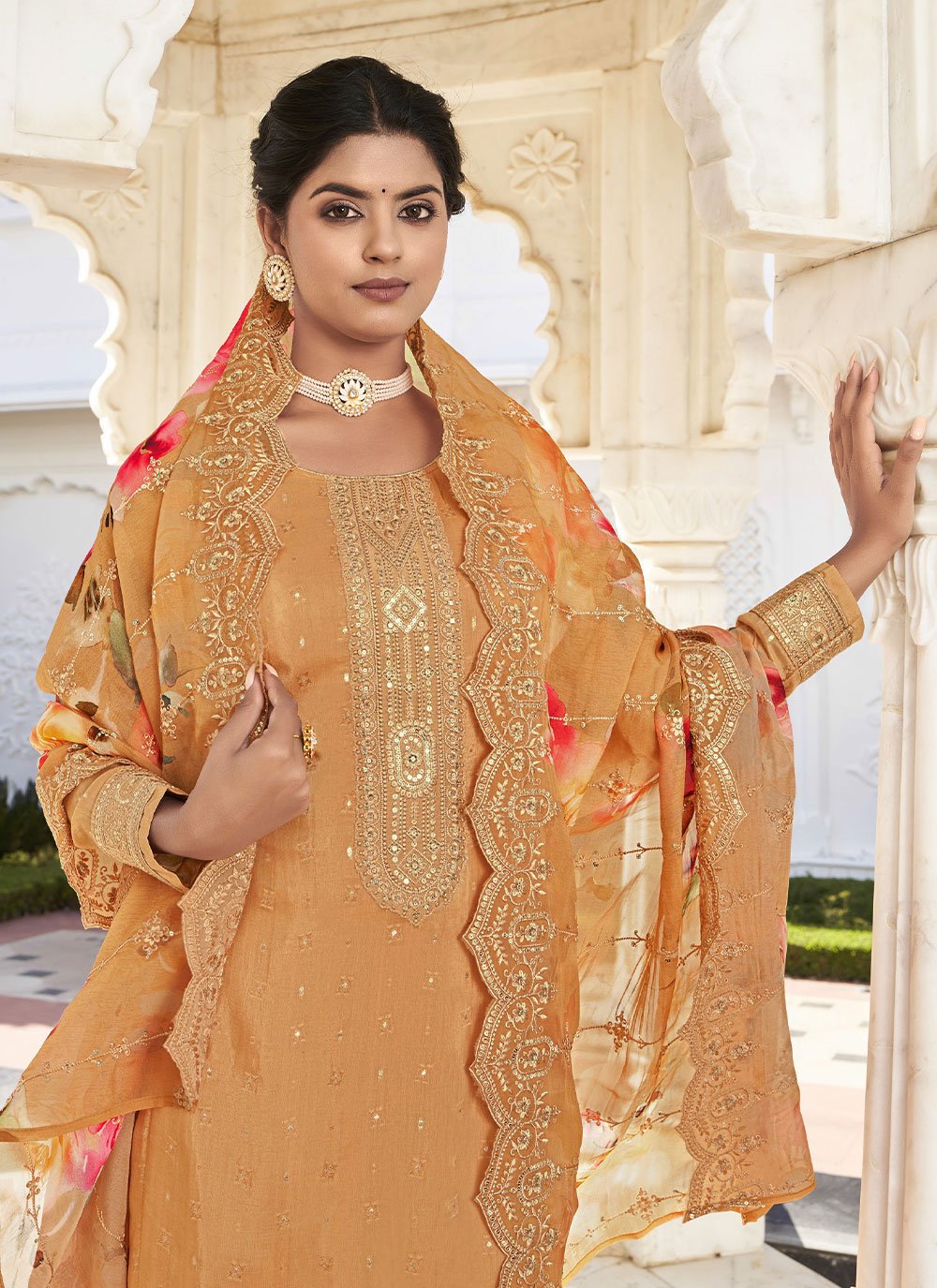 Salwar Suit Georgette Orange Embroidered Salwar Kameez