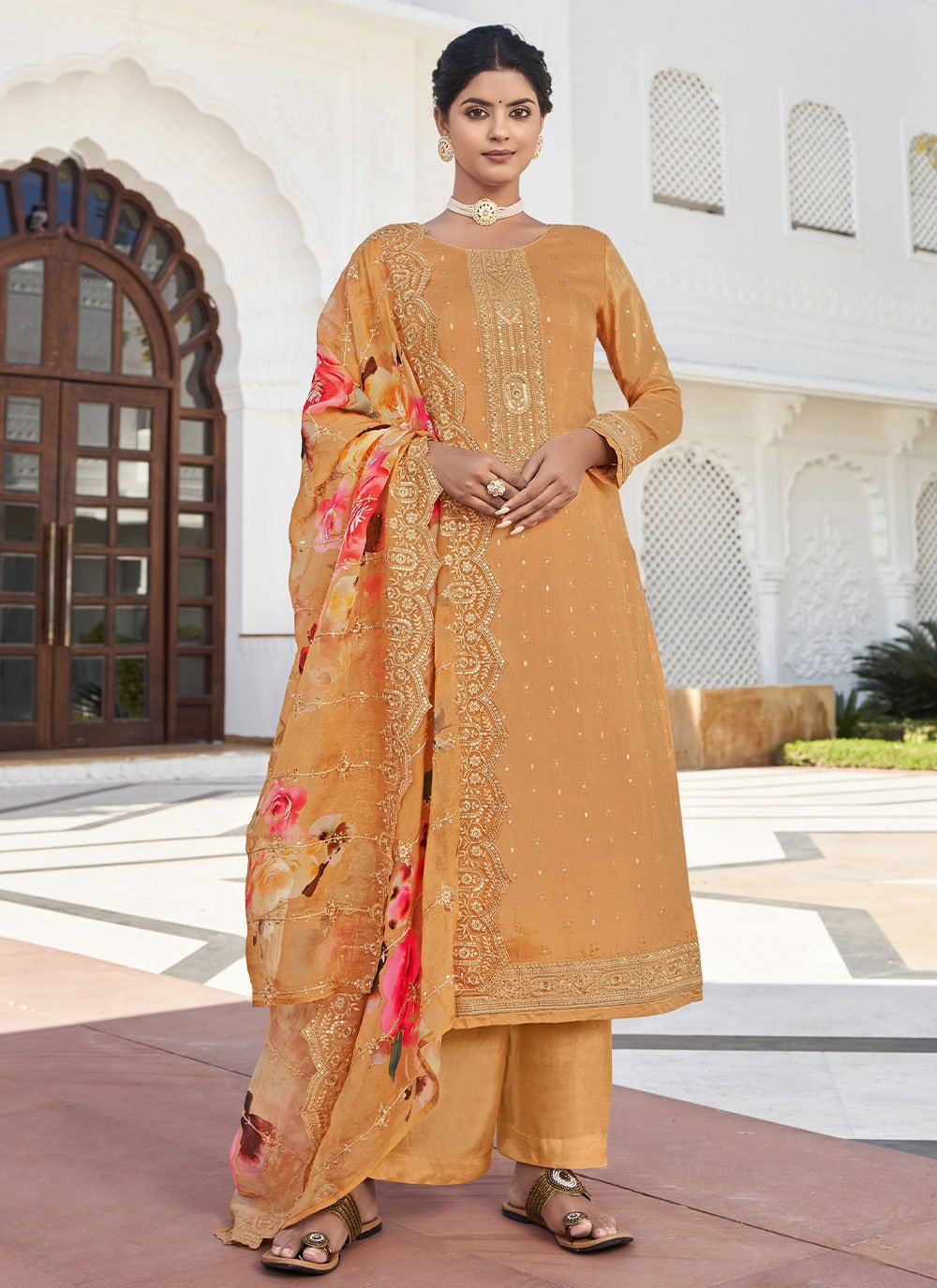 Salwar Suit Georgette Orange Embroidered Salwar Kameez