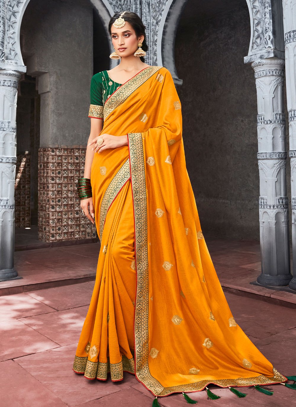 Classic Vichitra Silk Orange Embroidered Saree