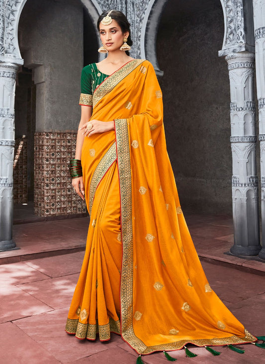 Classic Vichitra Silk Orange Embroidered Saree