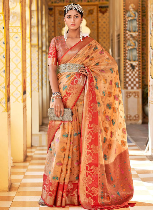 Classic Silk Tissue Orange Weaving Saree