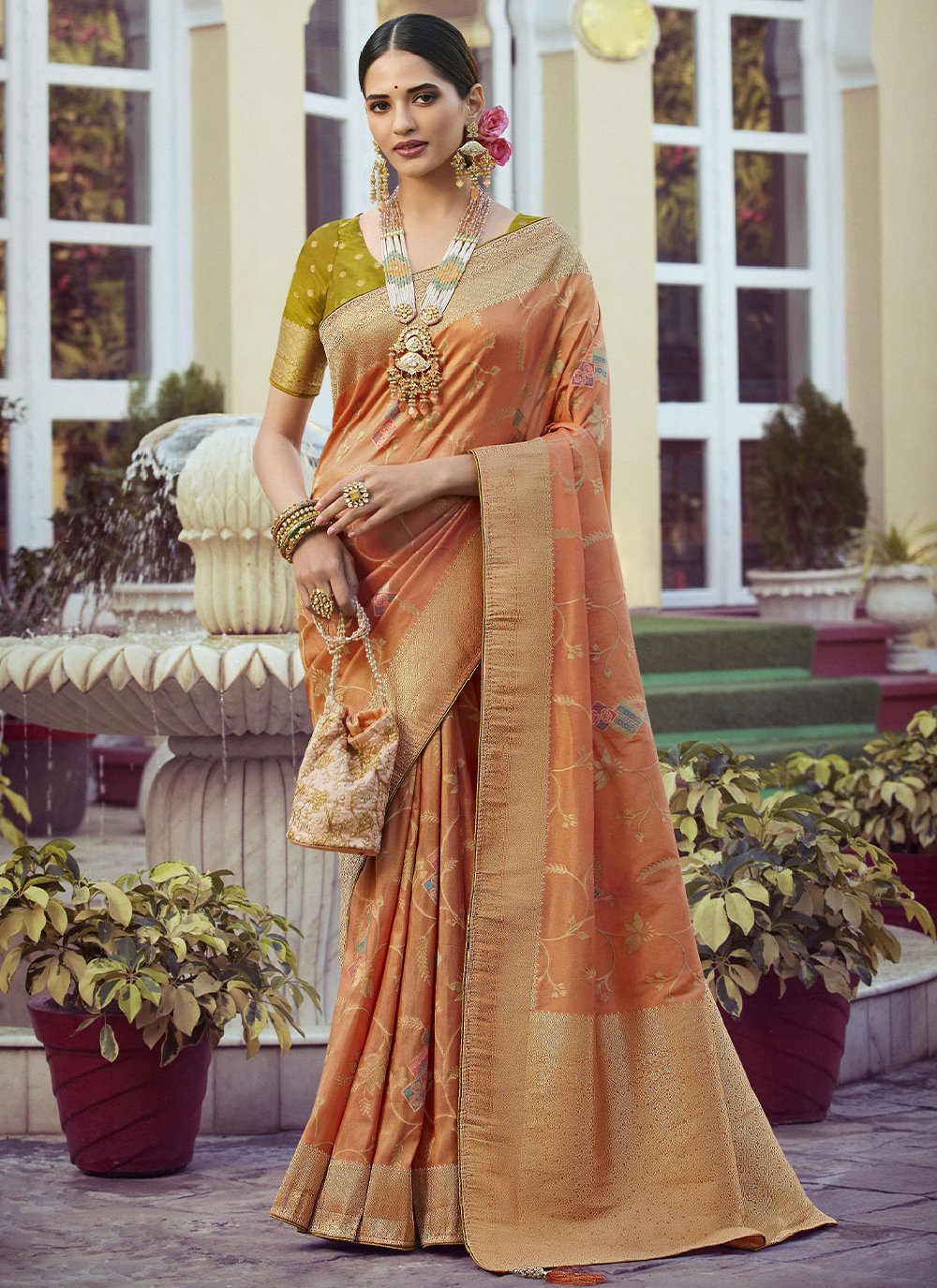 Classic Art Silk Orange Meenakari Saree