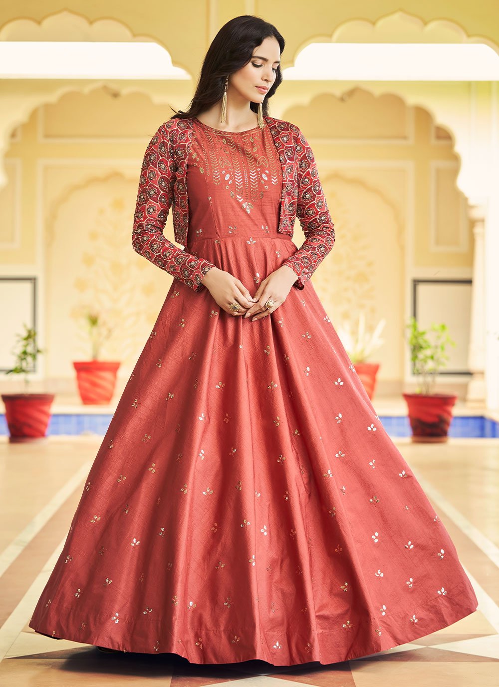 Gown Cotton Orange Embroidered Gown