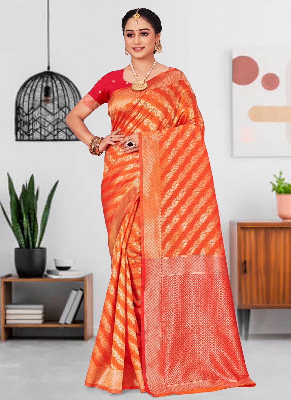 Casual Silk Orange Foil Print Saree