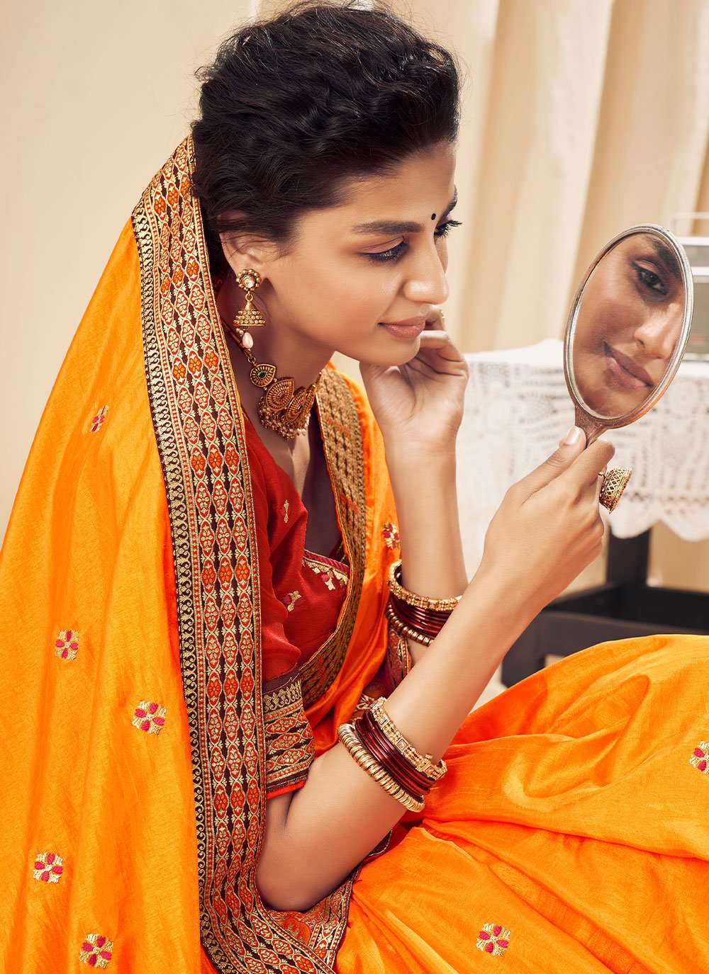 Classic Silk Orange Embroidered Saree