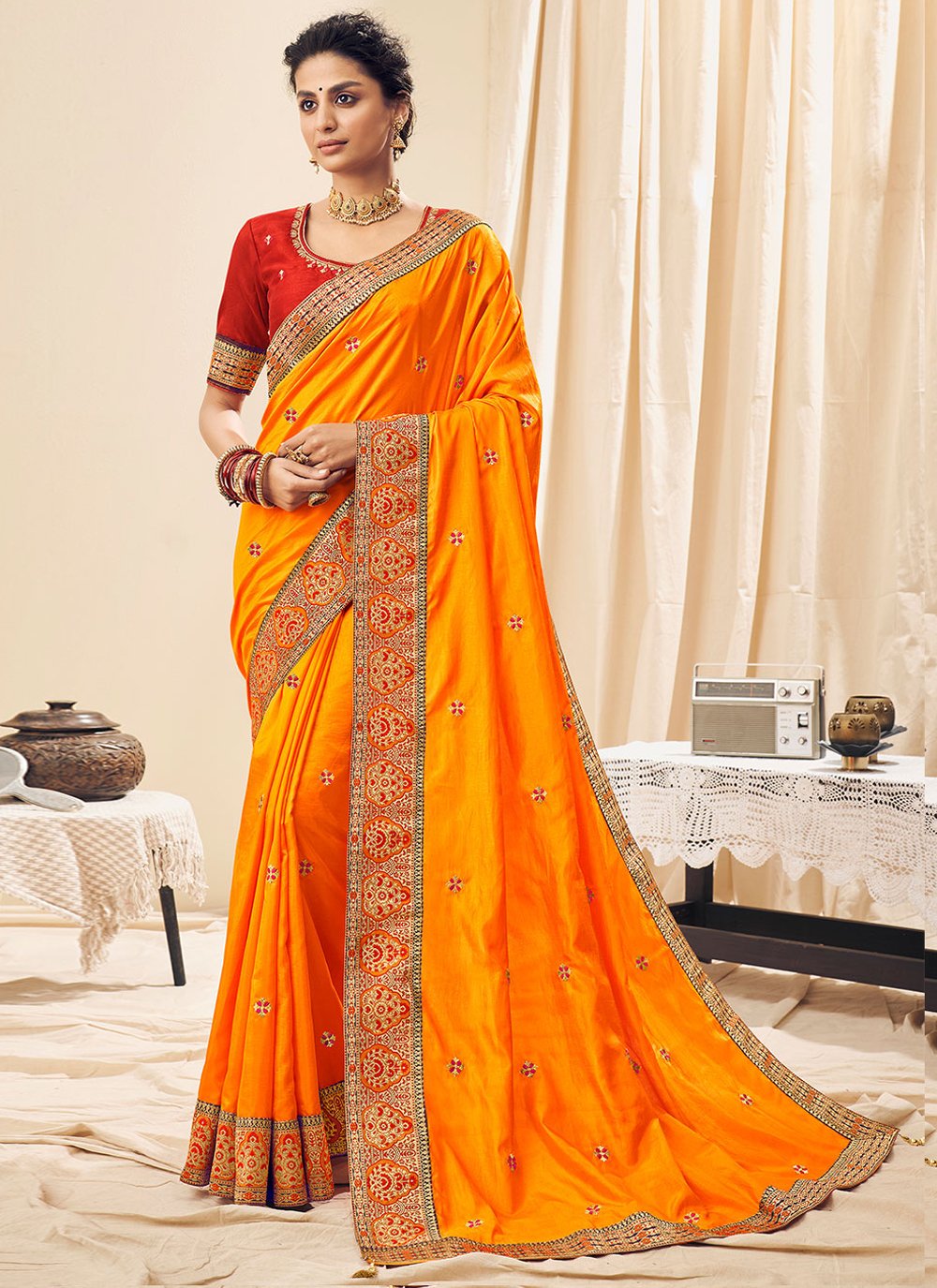 Classic Silk Orange Embroidered Saree