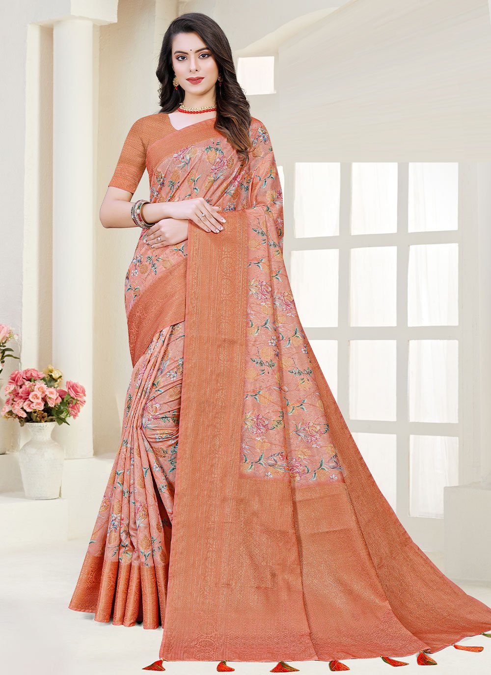 Contemporary Fancy Fabric Silk Orange Digital Print Saree