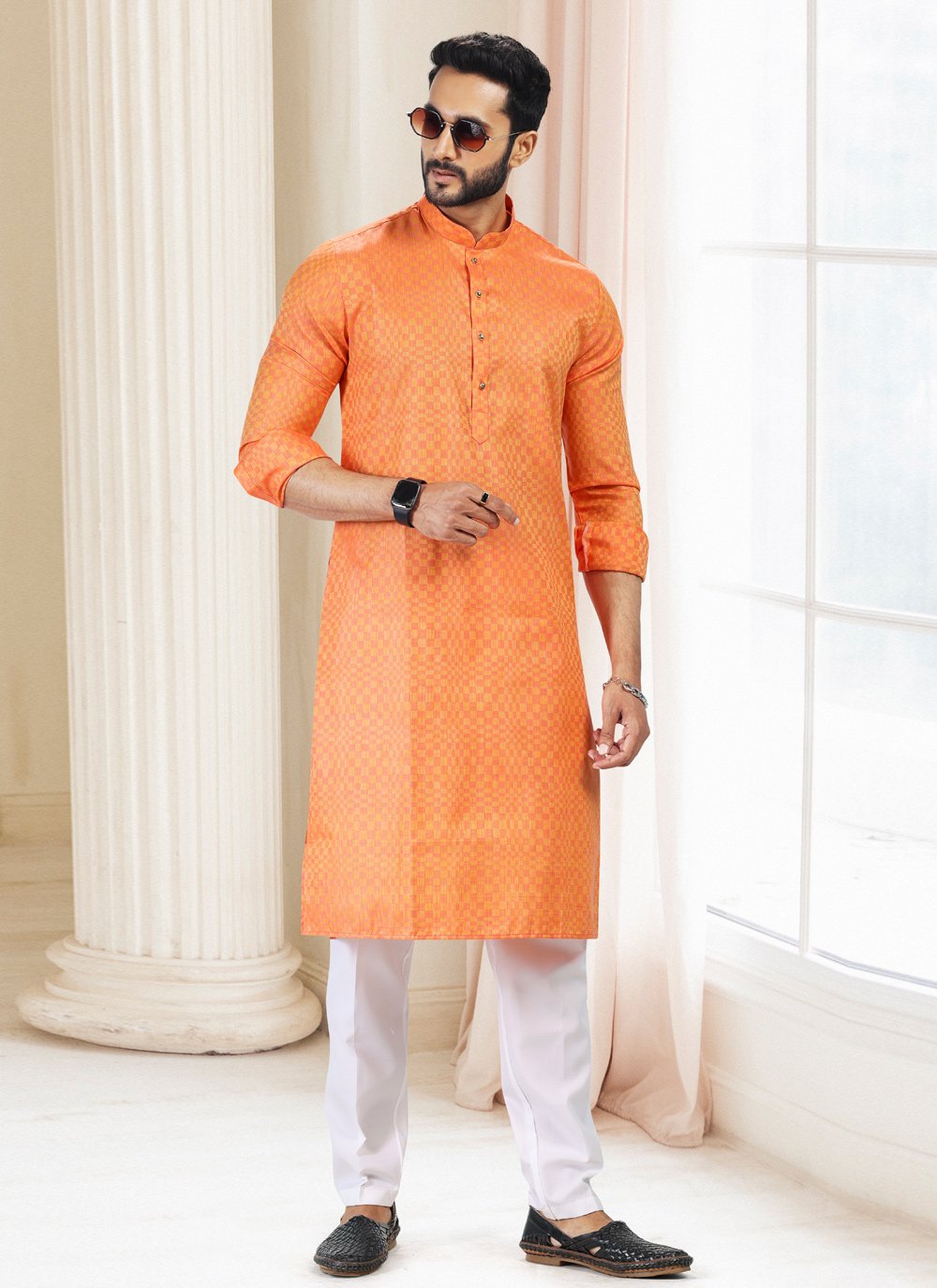 Kurta Pyjama Silk Orange Fancy Work Mens