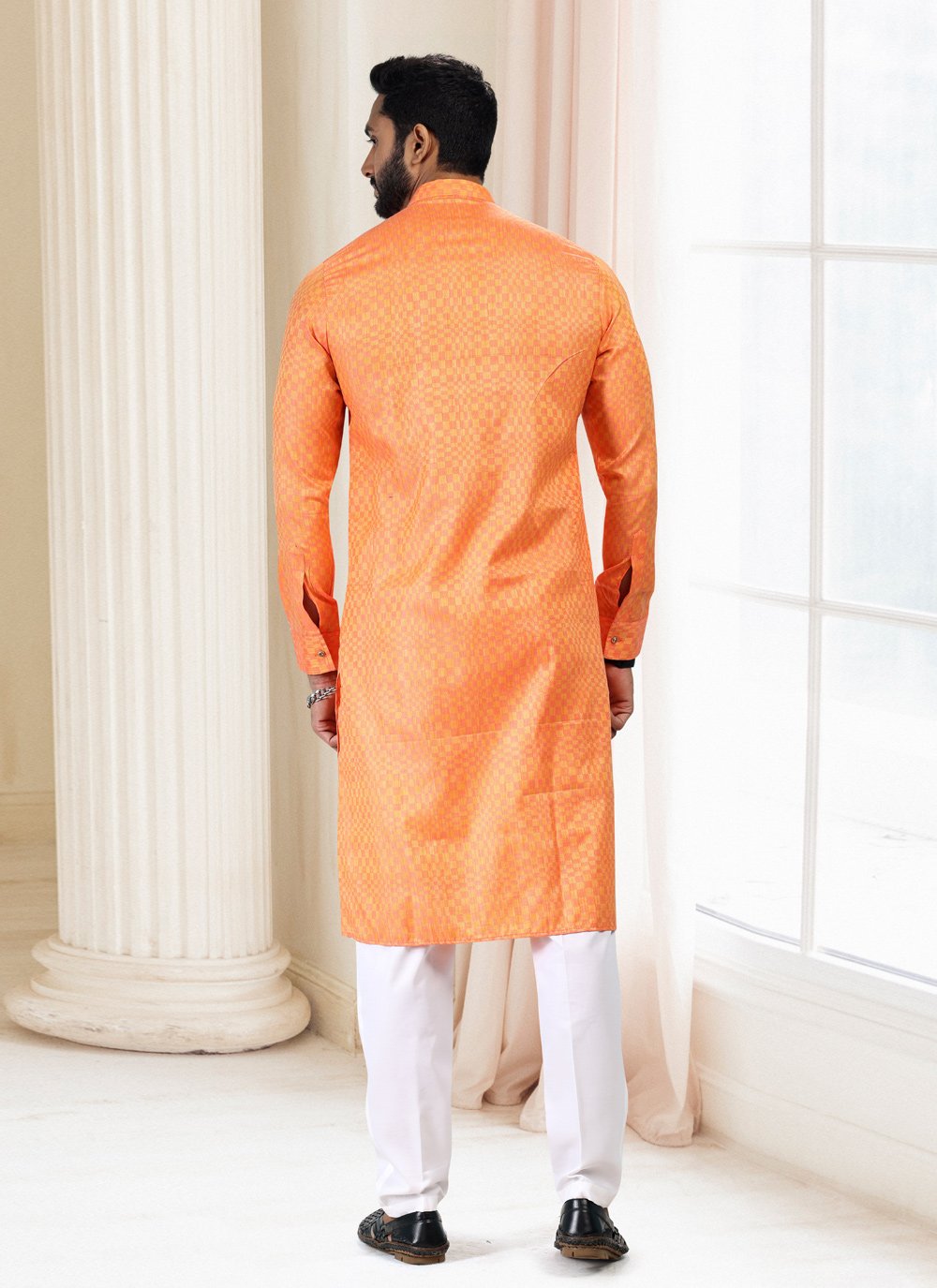 Kurta Pyjama Silk Orange Fancy Work Mens