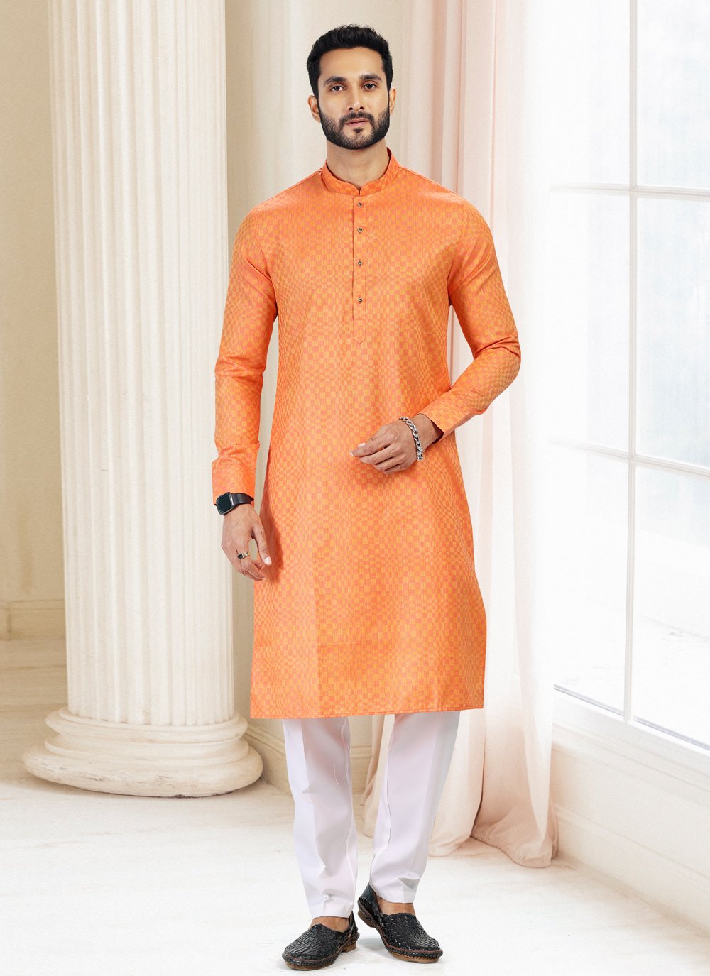 Kurta Pyjama Silk Orange Fancy Work Mens