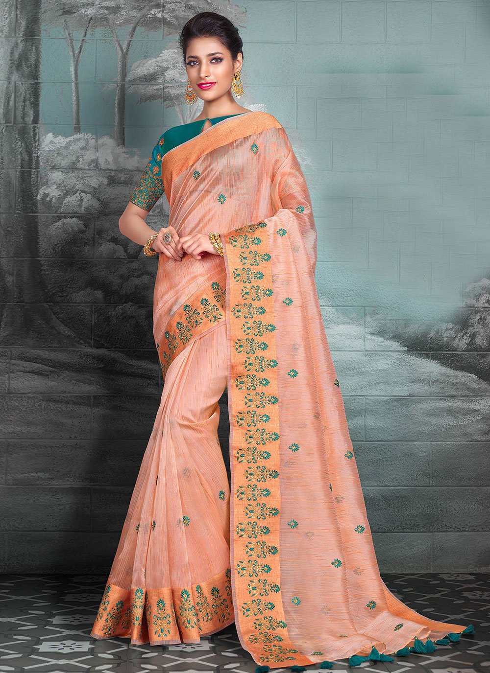 Classic Silk Tissue Orange Embroidered Saree