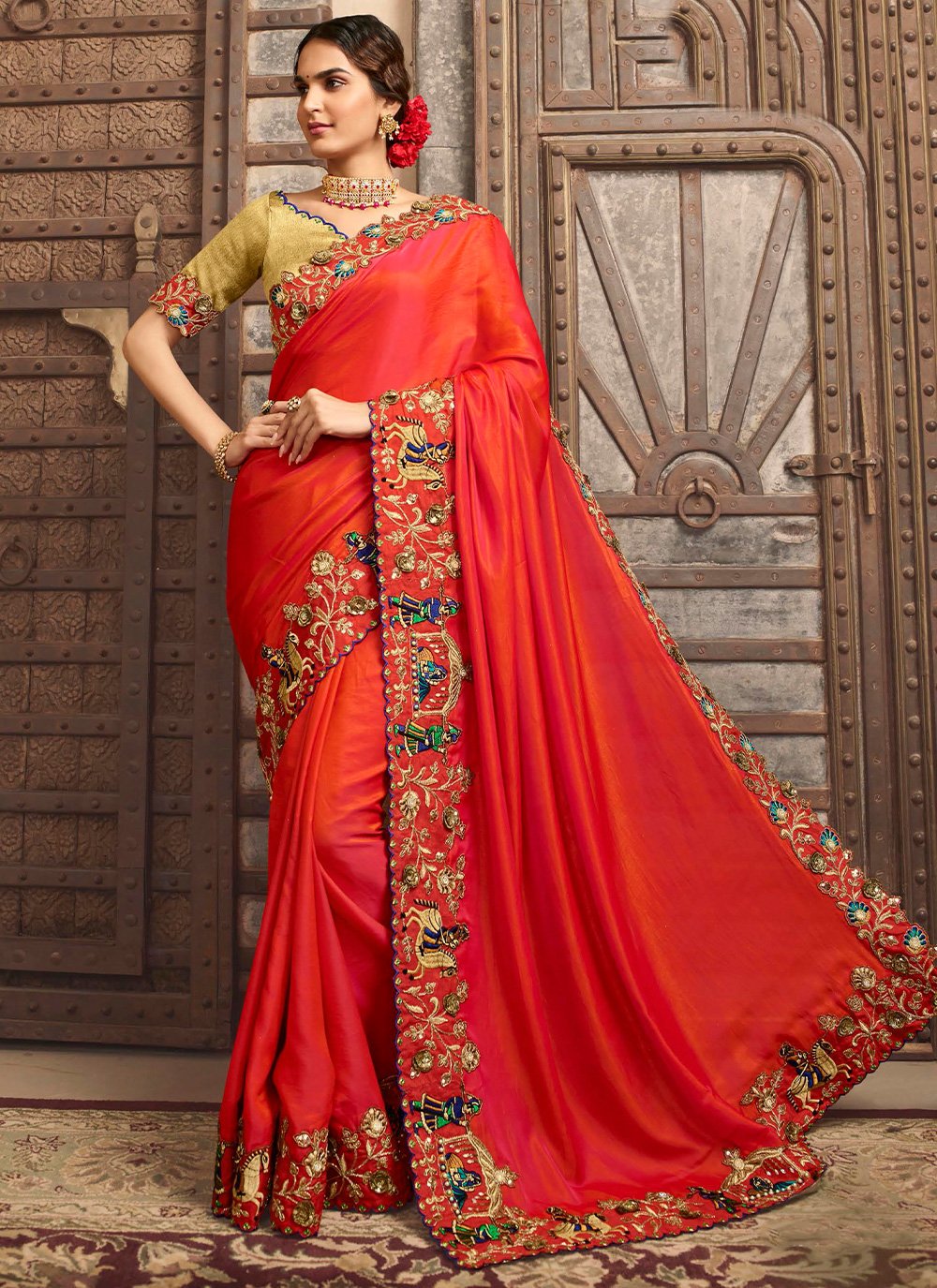 Traditional Saree Silk Orange Embroidered Saree