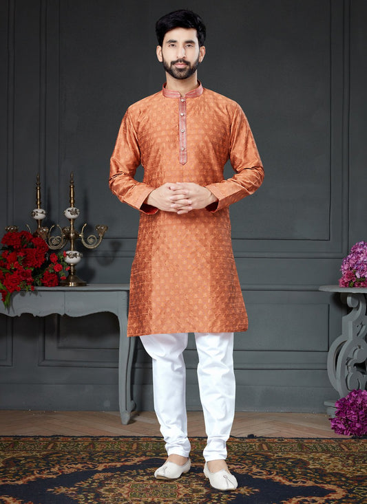 Kurta Pyjama Silk Orange Embroidered Mens