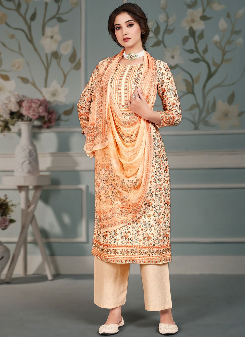 Salwar Suit Muslin Orange Floral Patch Salwar Kameez