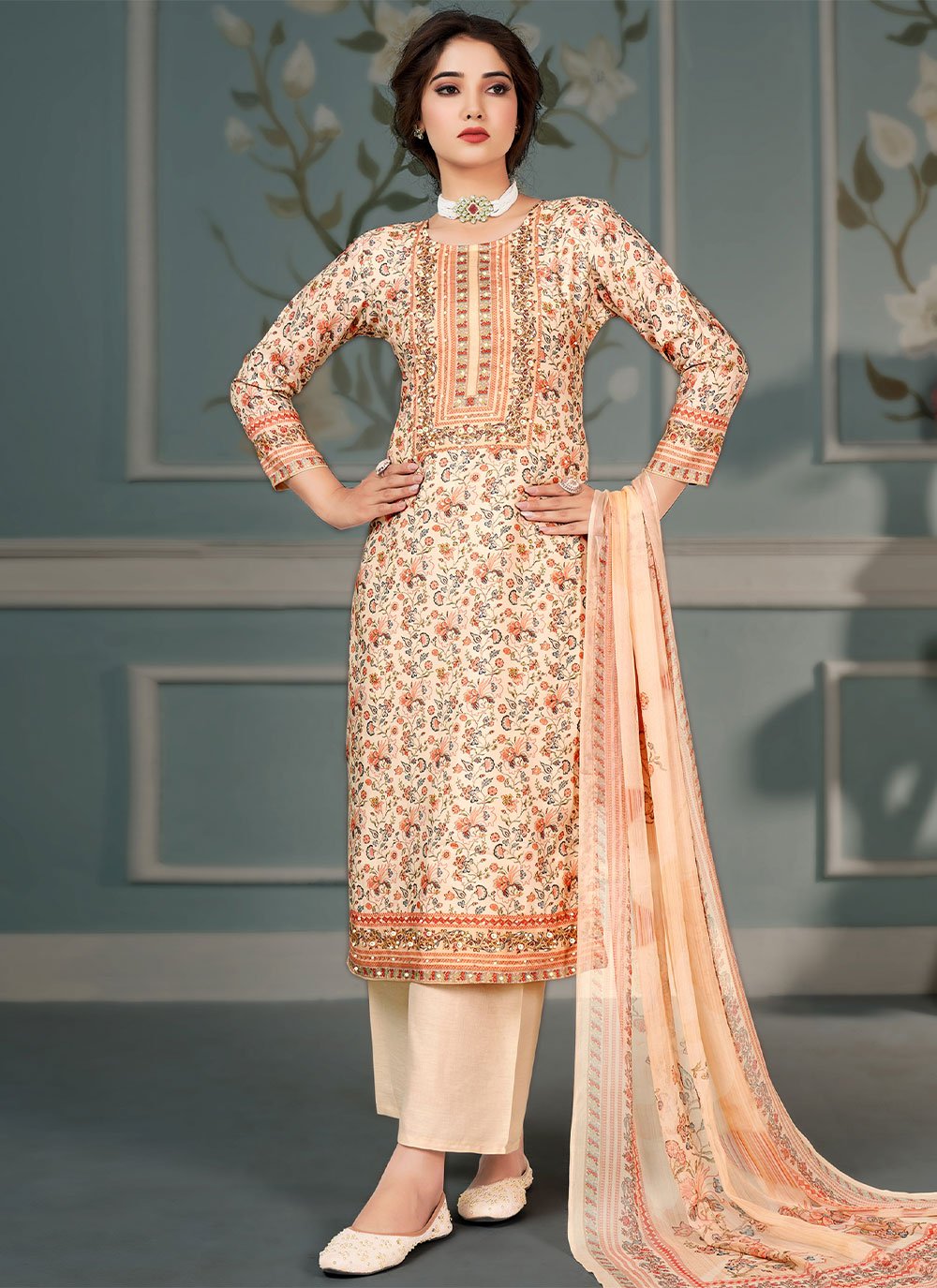 Salwar Suit Muslin Orange Floral Patch Salwar Kameez