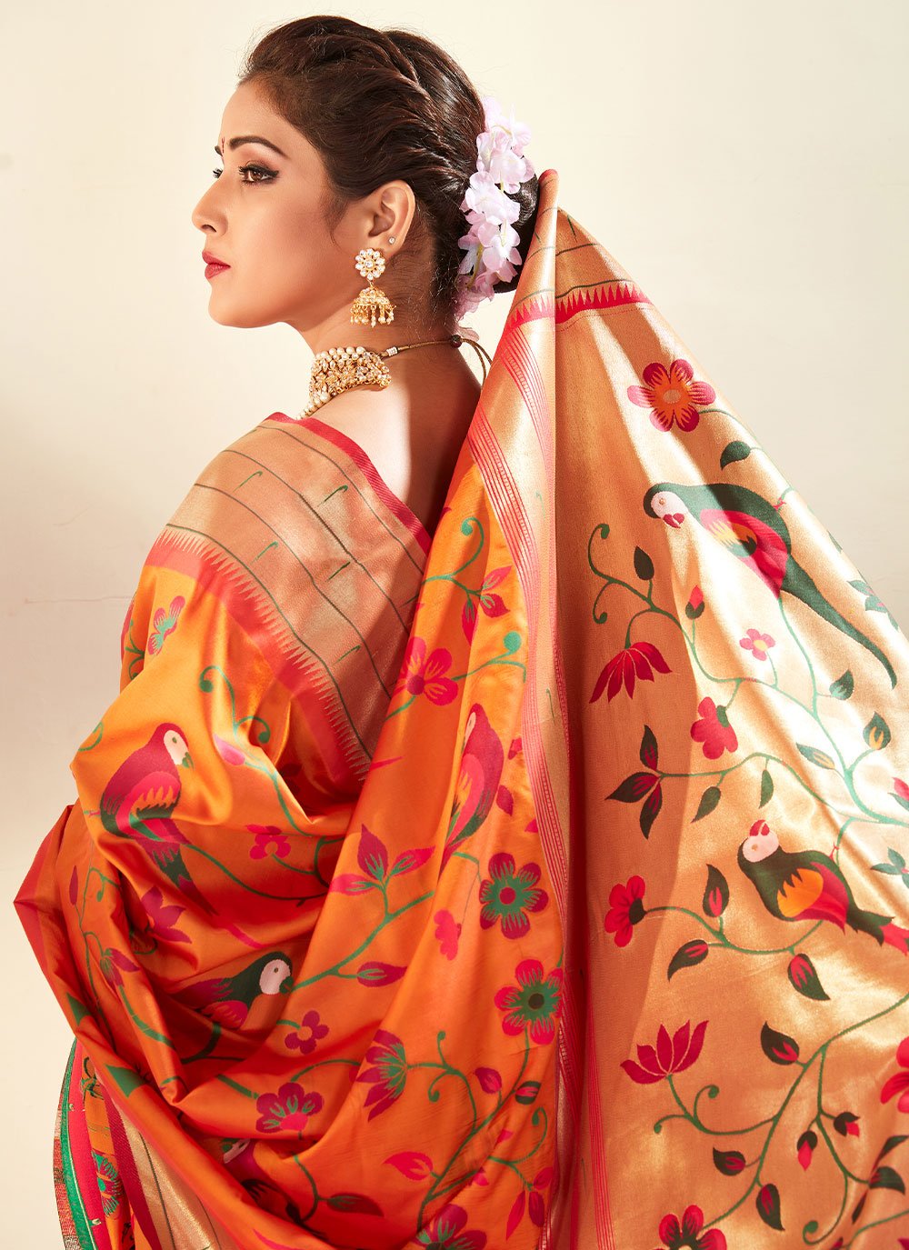 Trendy Saree Pure Silk Orange Meenakari Saree