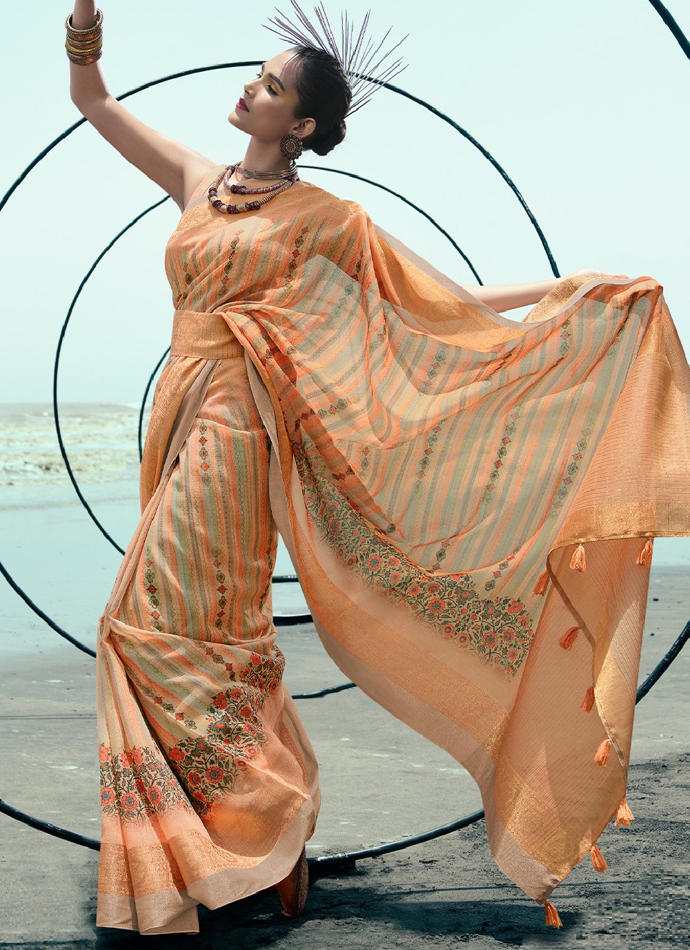 Trendy Saree Linen Orange Digital Print Saree