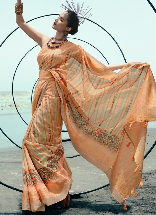 Trendy Saree Linen Orange Digital Print Saree