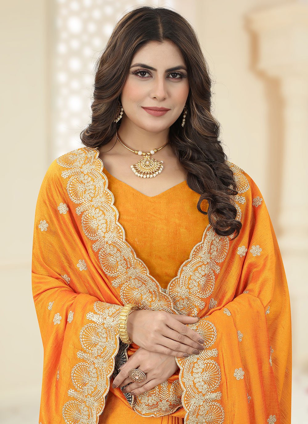 Contemporary Vichitra Silk Orange Cut Work Saree